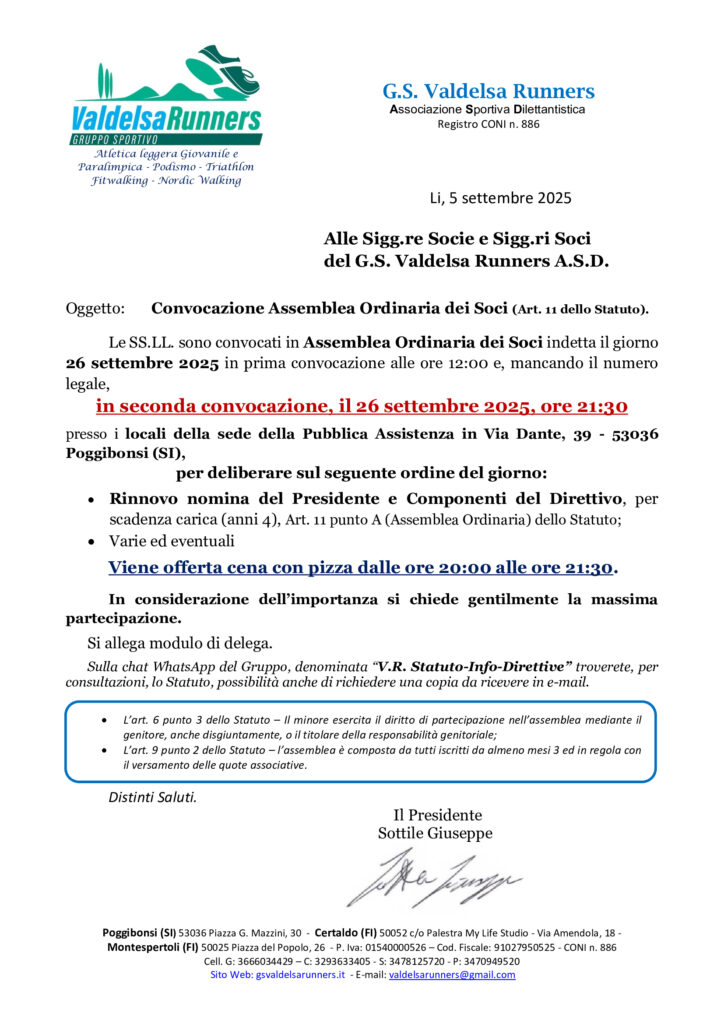 Convocazione Assemblea Soci 26.9.2025